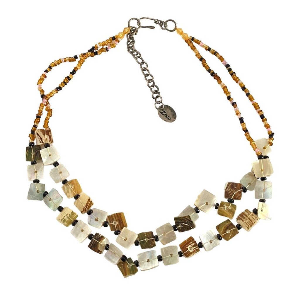 ZAD MultiStrand Abalone Shell Squares Glass Bead Necklace Adjustable Length 18in